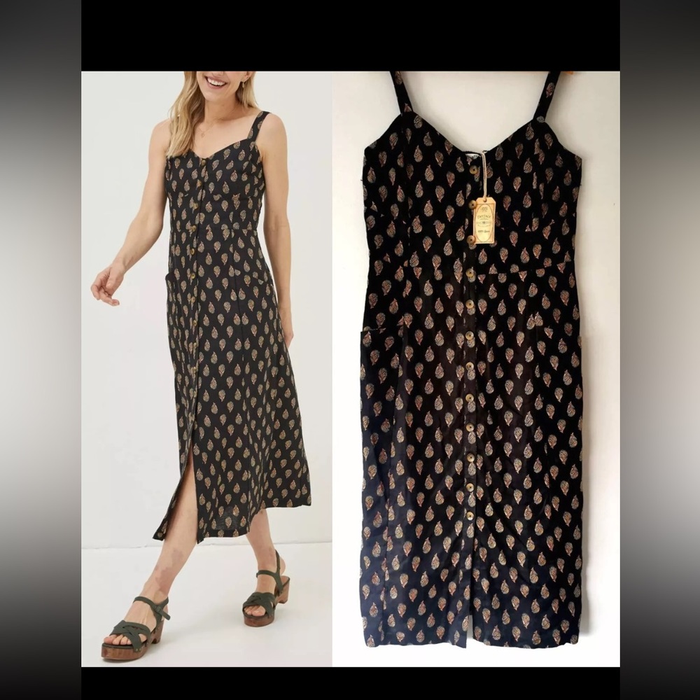 FatFace Laurie Floral Midi Dress 16 100% Linen Sun Dress Black Yellow Summer